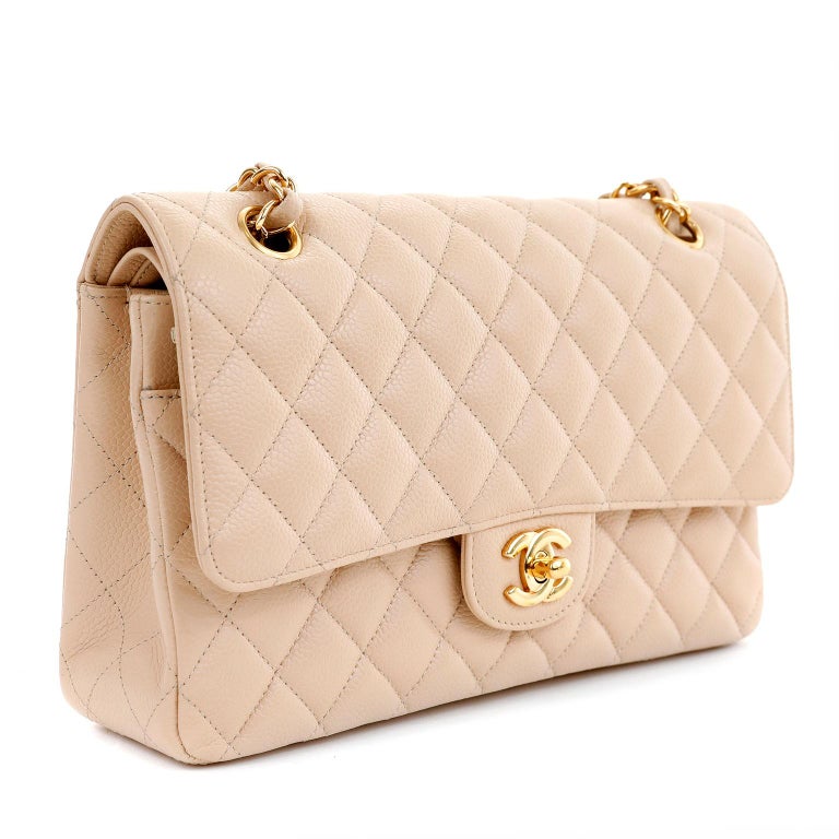 Chanel Beige Clair Caviar Leather Medium Classic Flap Bag For Sale