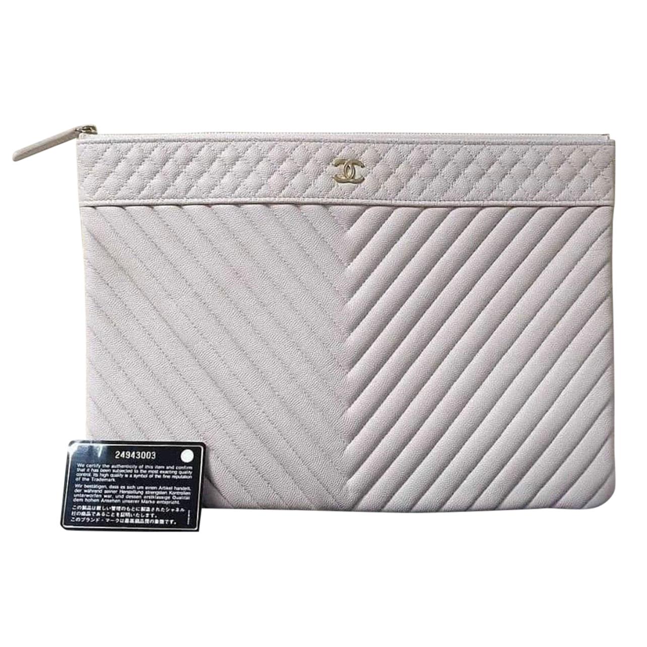 Chanel Beige Clair Quilted Chevron Caviar Leather CC Large O-Case Zip Pouch