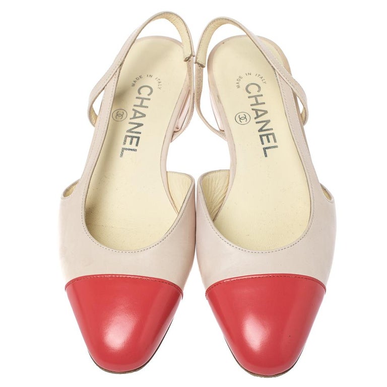 Chanel Beige/Coral Leather Cap Toe Slingback Flats Size 35.5 at 1stDibs   beige slingback flats, chanel cap toe slingback flats, chanel slingback  flats