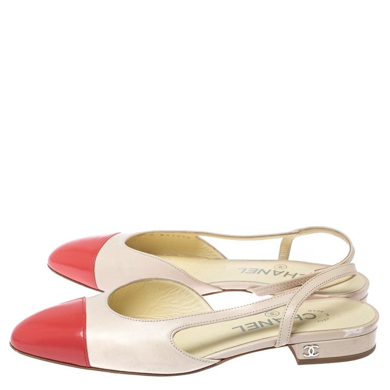 Chanel Beige/Coral Leather Cap Toe Slingback Flats Size 35.5 at 1stDibs  beige  slingback flats, chanel cap toe slingback flats, chanel slingback flats