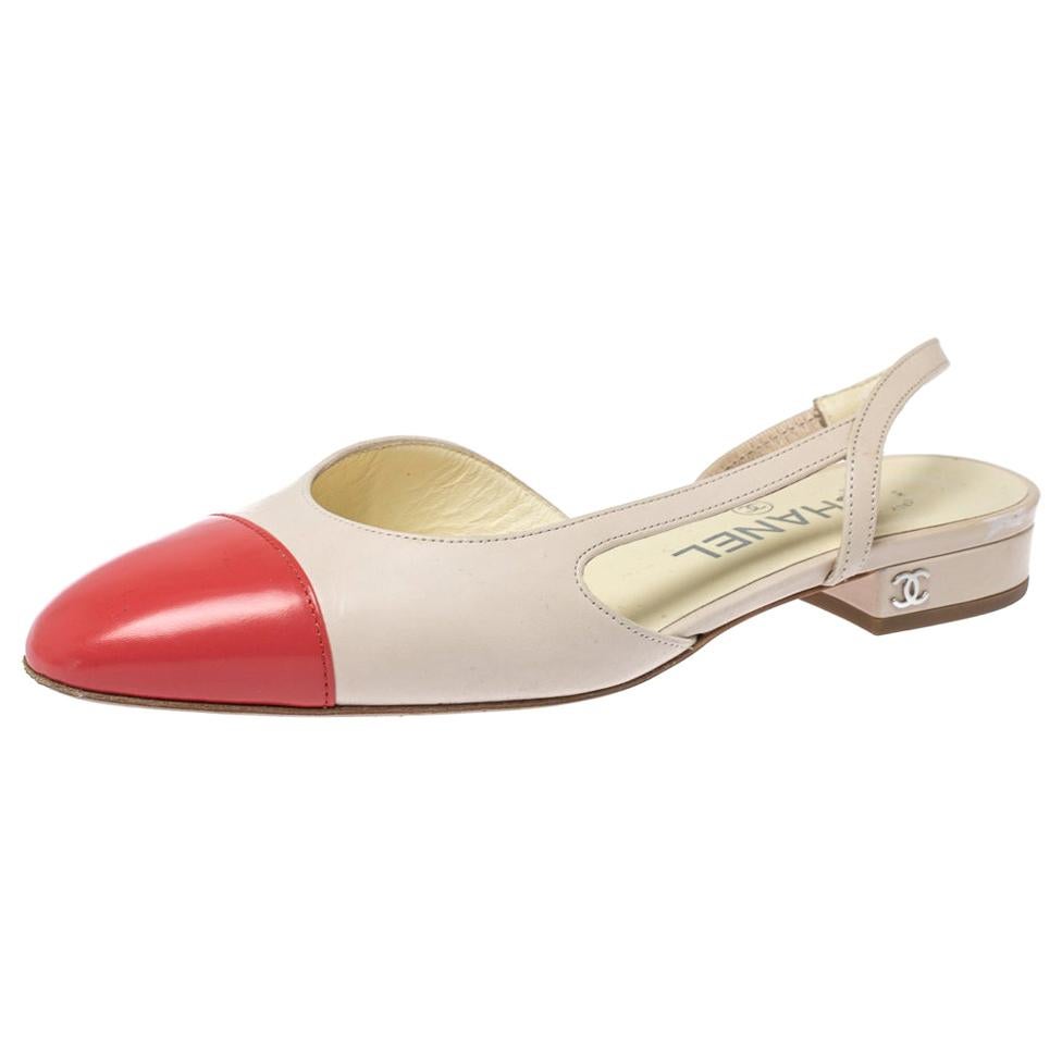 Chanel Beige/Coral Leather Cap Toe Slingback Flats Size 35.5 at 1stDibs   beige slingback flats, chanel cap toe slingback flats, chanel slingback  flats