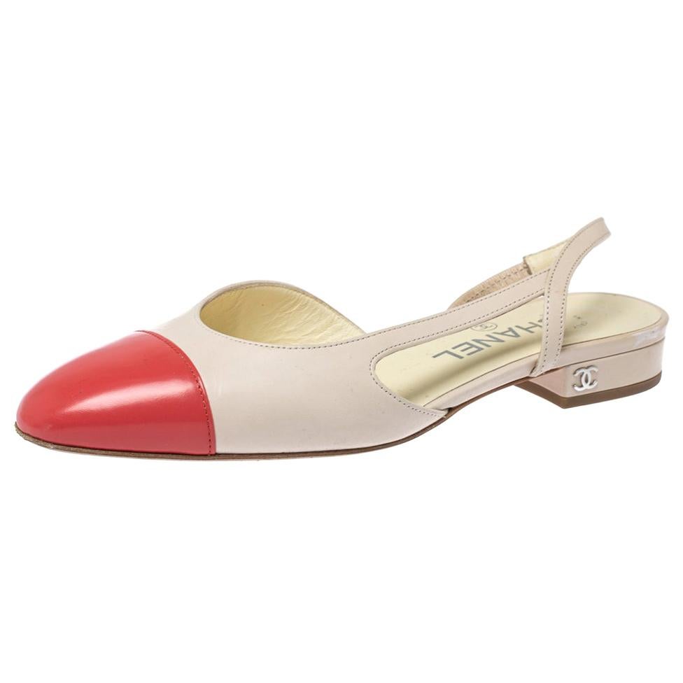 Chanel Beige/Coral Leather Cap Toe Slingback Flats Size 35.5 at 1stDibs | chanel  slingback 35.5, chanel slingback flats, chanel cap toe slingback