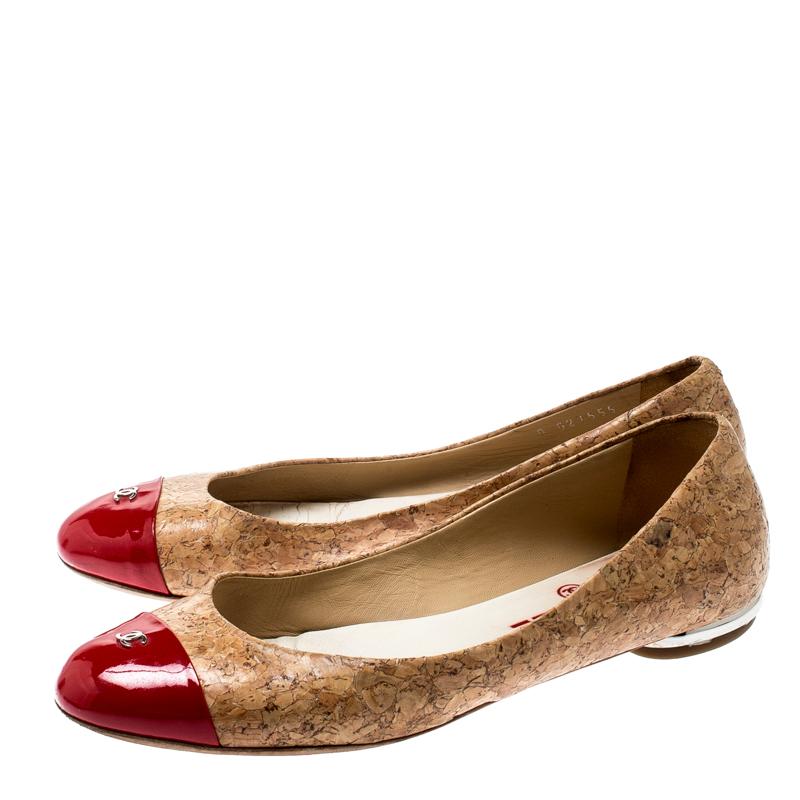 Brown Chanel Beige Cork And Red Patent Leather CC Cap Toe Ballet Flats Size 38