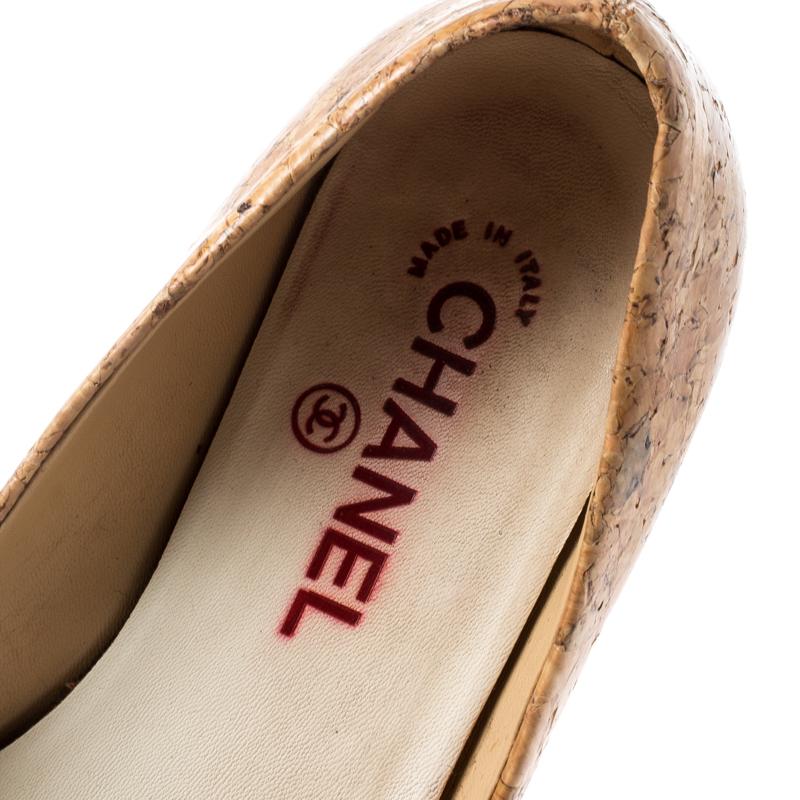 Chanel Beige Cork And Red Patent Leather CC Cap Toe Ballet Flats Size 38 1