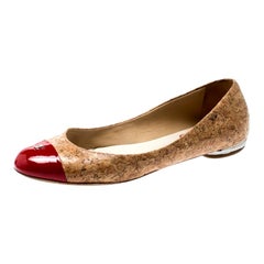 Chanel Beige Cork And Red Patent Leather CC Cap Toe Ballet Flats Size 38