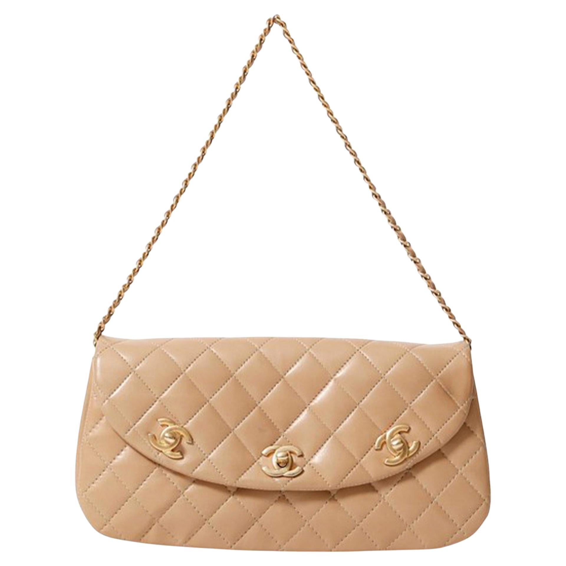 Chanel Beige Cream Triple CC Turnlock Convertible Flap Clutch Shoulder Bag For Sale