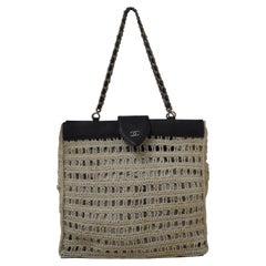 Vintage Chanel Beige crochet black leather shoulder bag