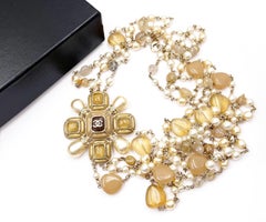 Chanel Beige Cross Stone Bead Pearl 3 Strand Necklace 100 Yr Anniversary