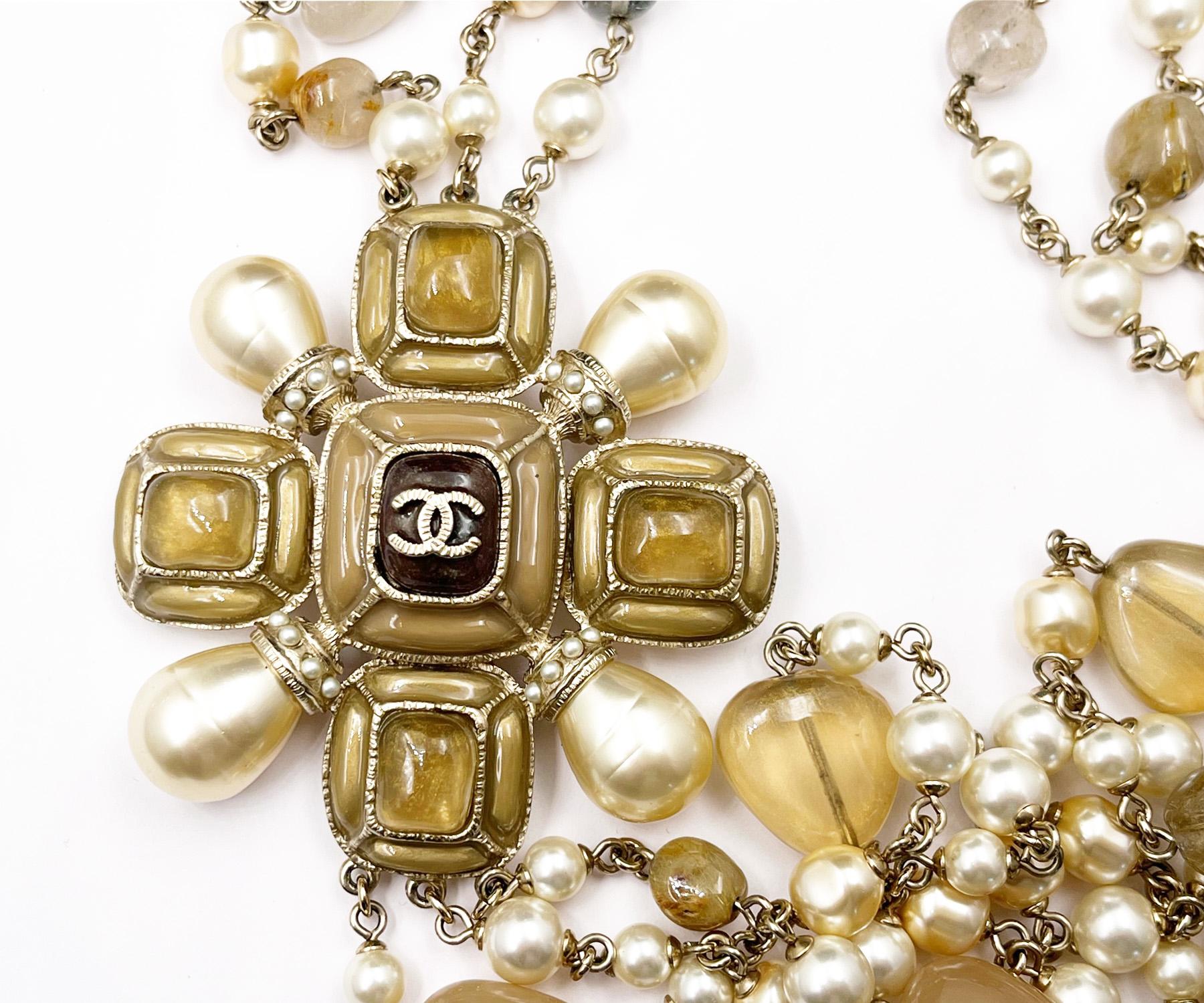 Artisan Chanel Beige Cross Stone Bead Pearl 3 Strand Necklace 100 Yr Anniversary  