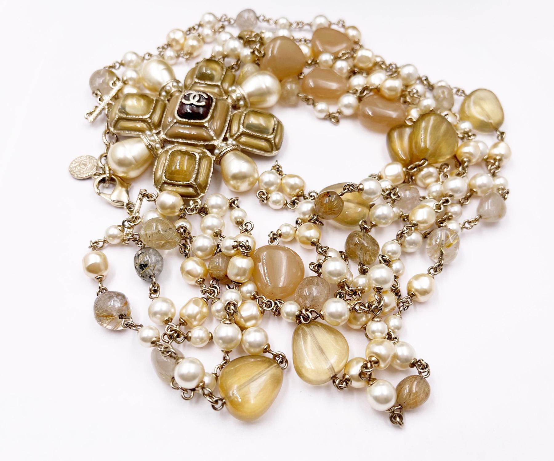 Chanel Beige Cross Stone Bead Pearl 3 Strand Necklace 100 Yr Anniversary   In Excellent Condition In Pasadena, CA