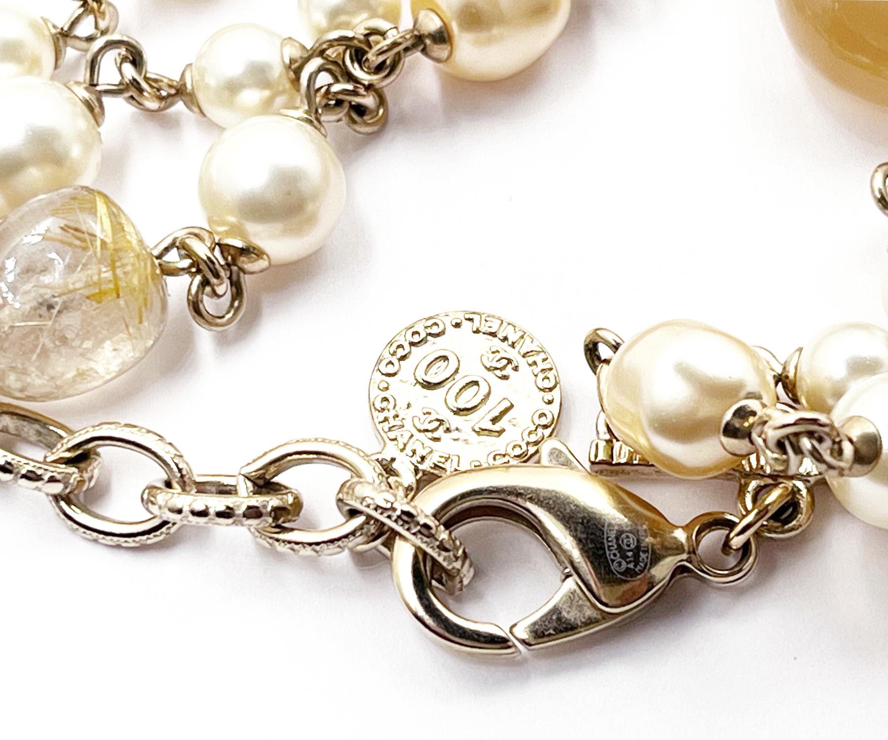 Women's Chanel Beige Cross Stone Bead Pearl 3 Strand Necklace 100 Yr Anniversary  