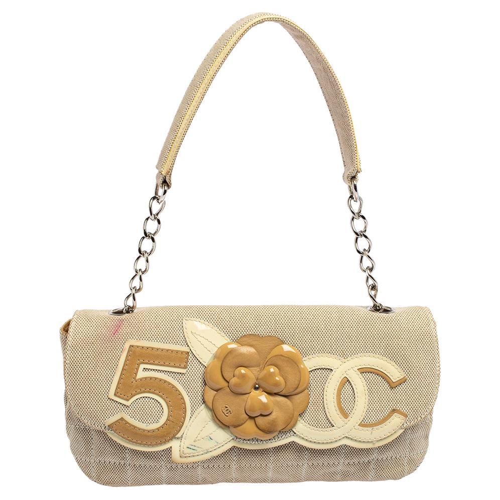 Chanel Beige Cube Quilted Canvas and Leather No 5 Camellia Flap Bag