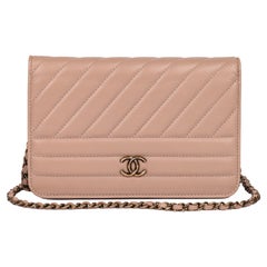 CHANEL Beige Diagonal Quilted Goatskin Leather Wallet-on-Chain WOC