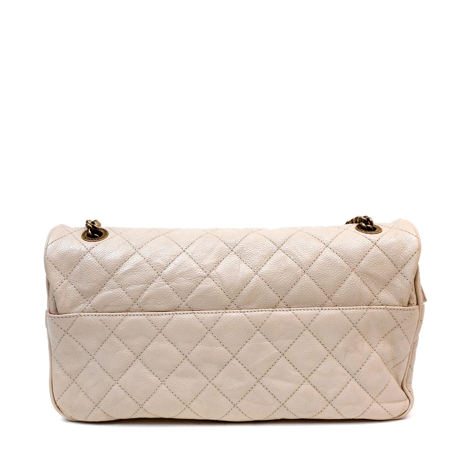 Chanel Beige Distressed Caviar Flap Bag  In Good Condition In Palm Beach, FL