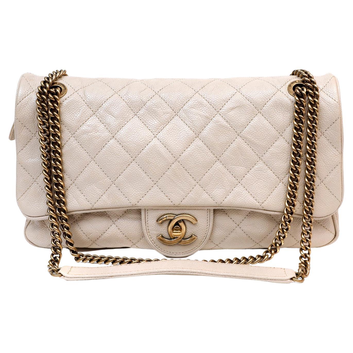 Chanel Beige Distressed Caviar Flap Bag 
