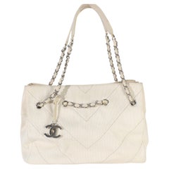 Chanel Beige Ecru Chevron Canvas CC Tote