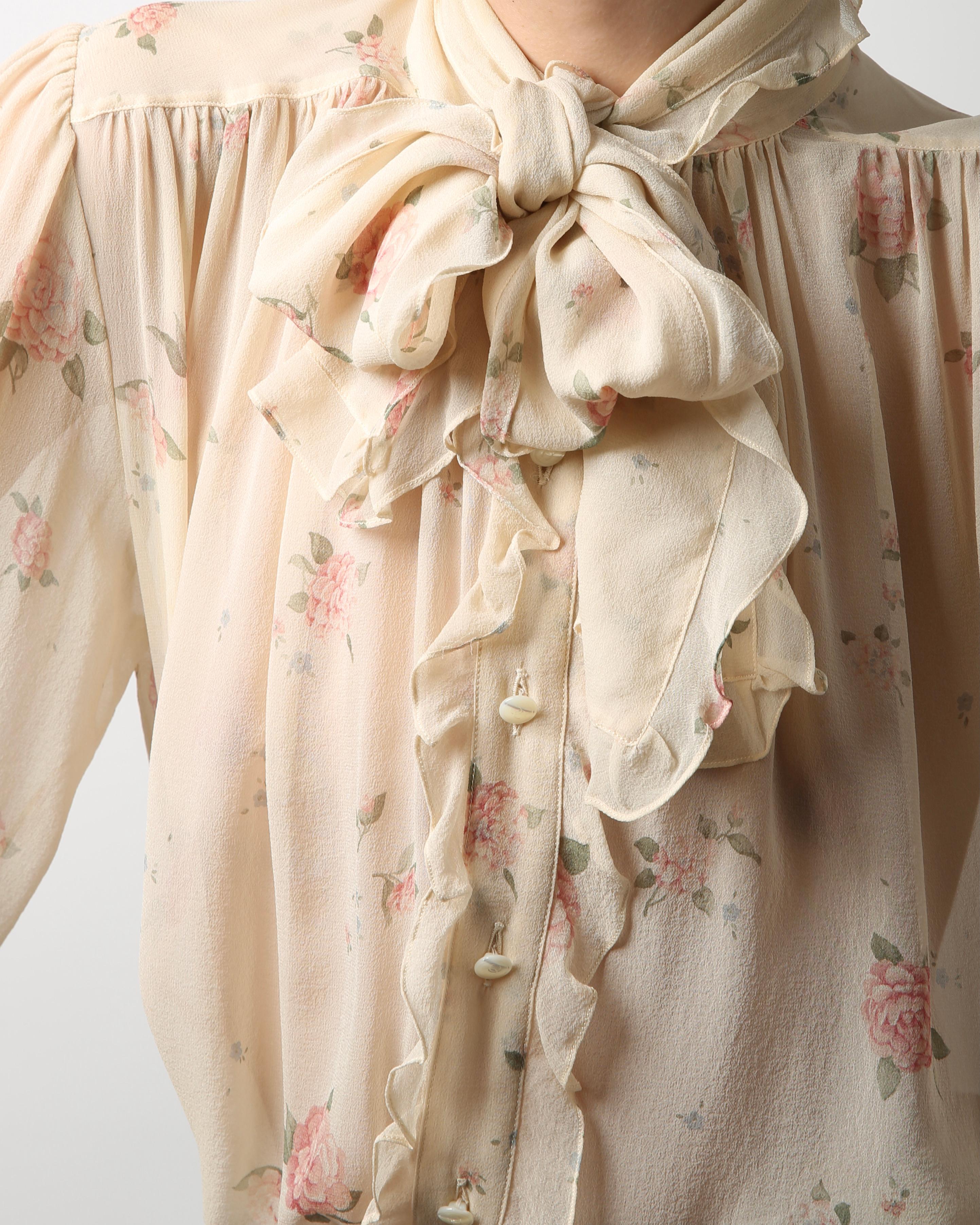 Chanel beige ecru silk pussy bow tie neck sheer pink floral blouse shirt XS-L 6