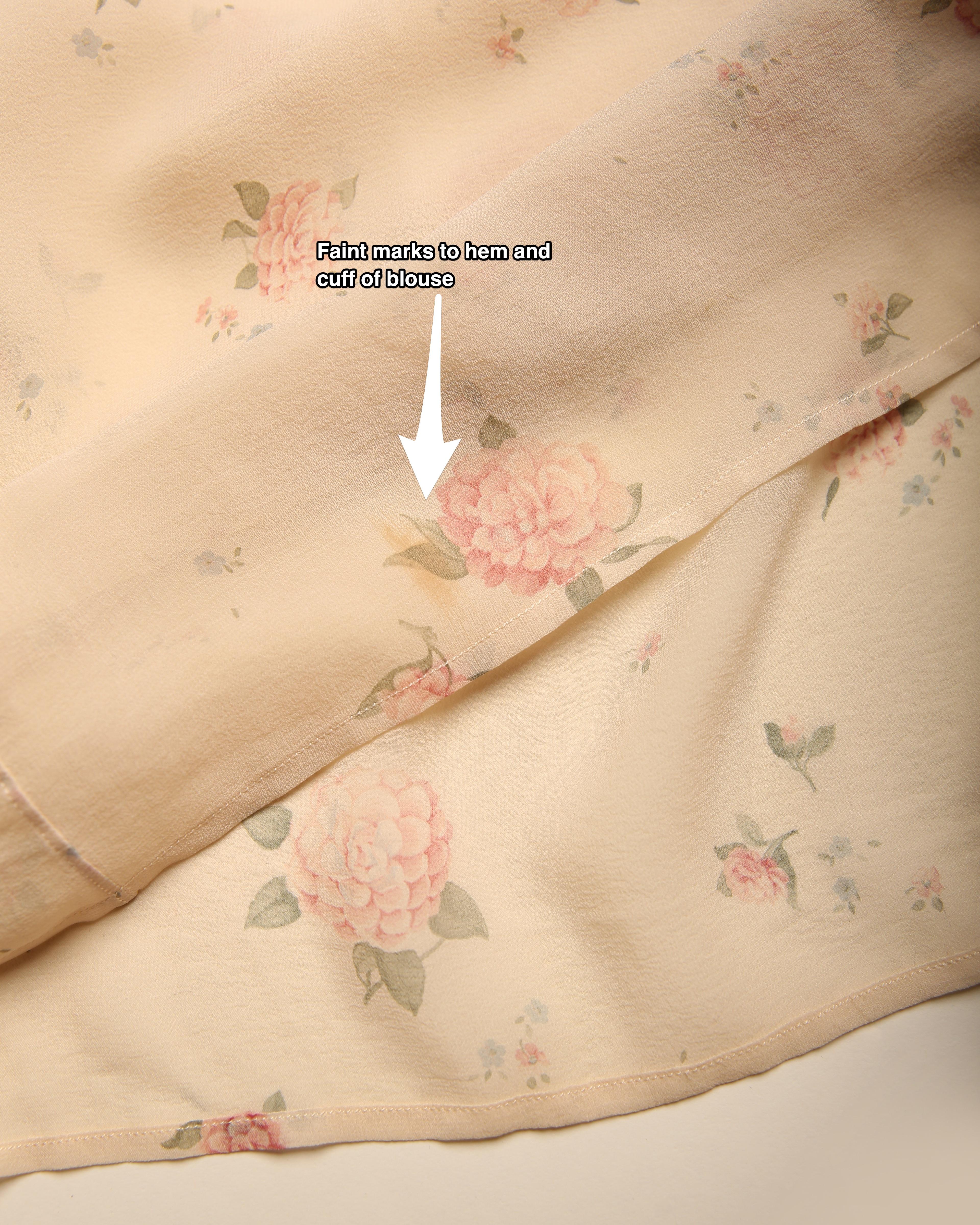 Chanel beige ecru silk pussy bow tie neck sheer pink floral blouse shirt XS-L 10