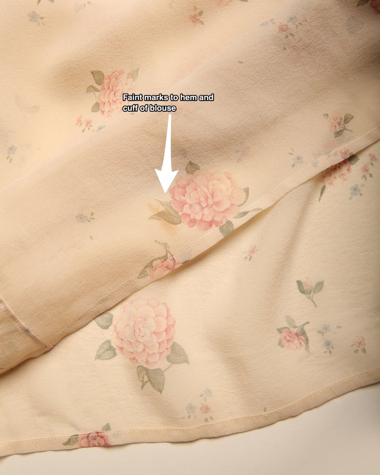 Chanel beige ecru silk pussy bow tie neck sheer pink floral blouse shirt XS-L  at 1stDibs