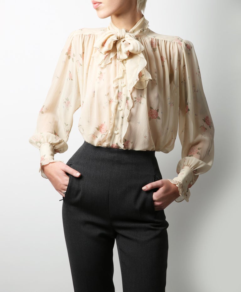 Chanel beige ecru silk pussy bow tie neck sheer pink floral blouse shirt  XS-L