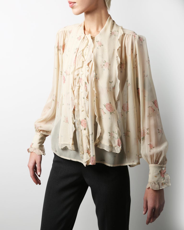 Chanel beige ecru silk pussy bow tie neck sheer pink floral blouse shirt XS- L at 1stDibs