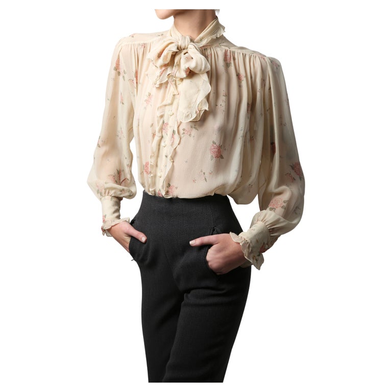 Chanel beige ecru silk pussy bow tie neck sheer pink floral blouse shirt  XS-L