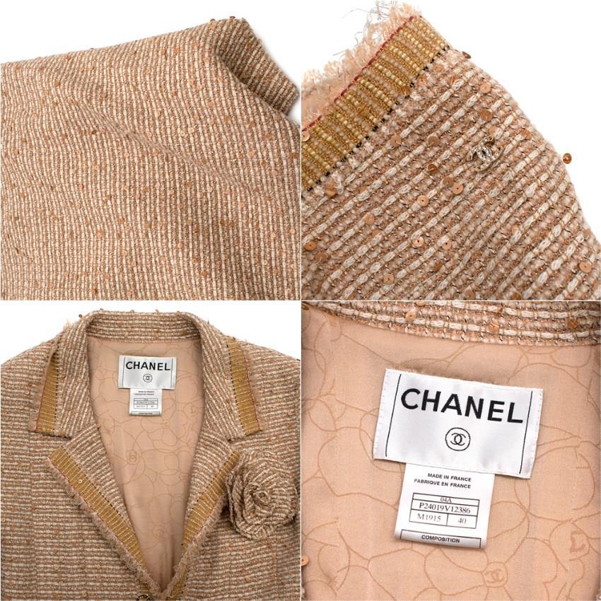 Women's Chanel Beige Embellished Tweed Skirt Suit with Camellia Brooch - Size US 8