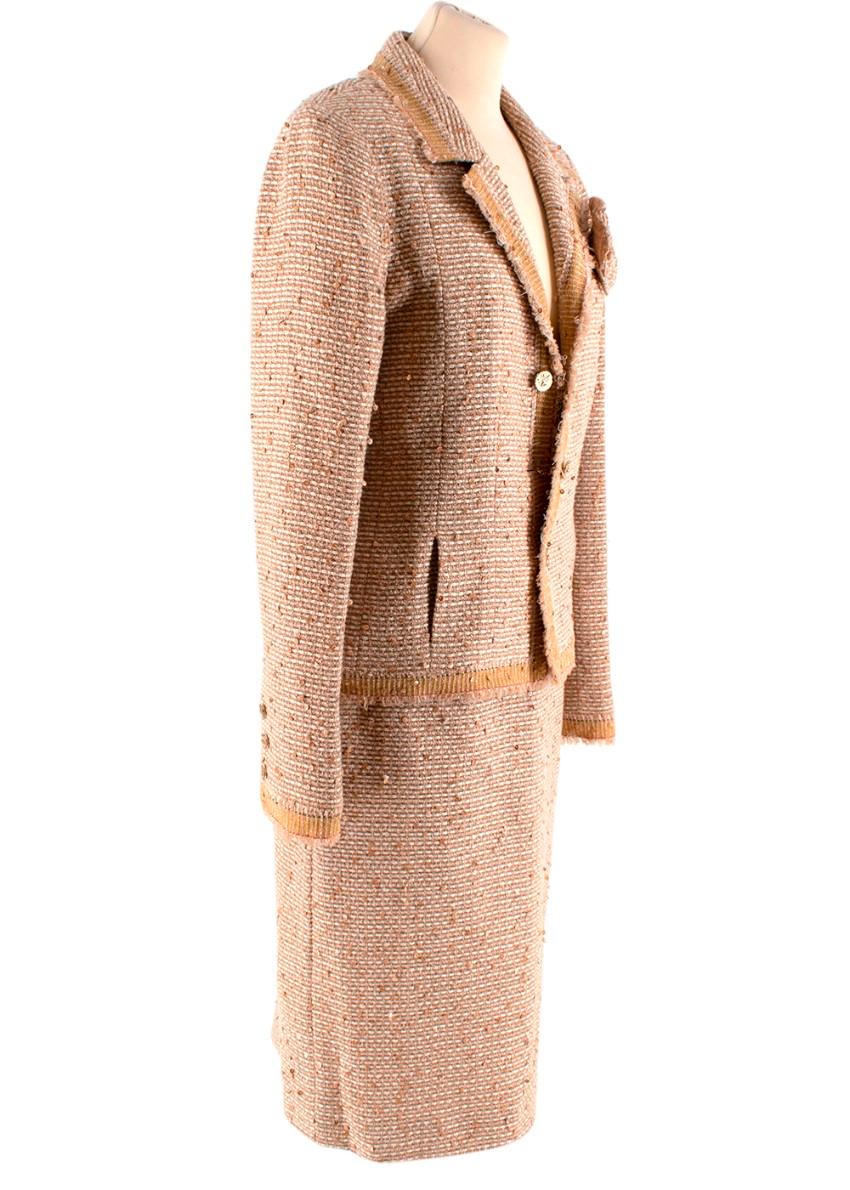 Chanel Beige Embellished Tweed Skirt Suit with Camellia Brooch - Size US 8 3