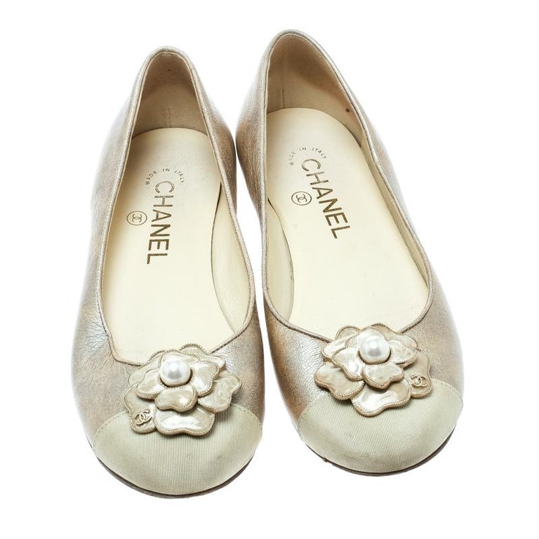 Chanel Beige Fabric Cap Toe Enamel Pearl Camellia Ballet Flats Size 36. ...