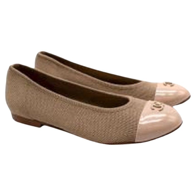 Chanel Beige Fabric Patent Cap-Toe Ballerinas For Sale at 1stDibs