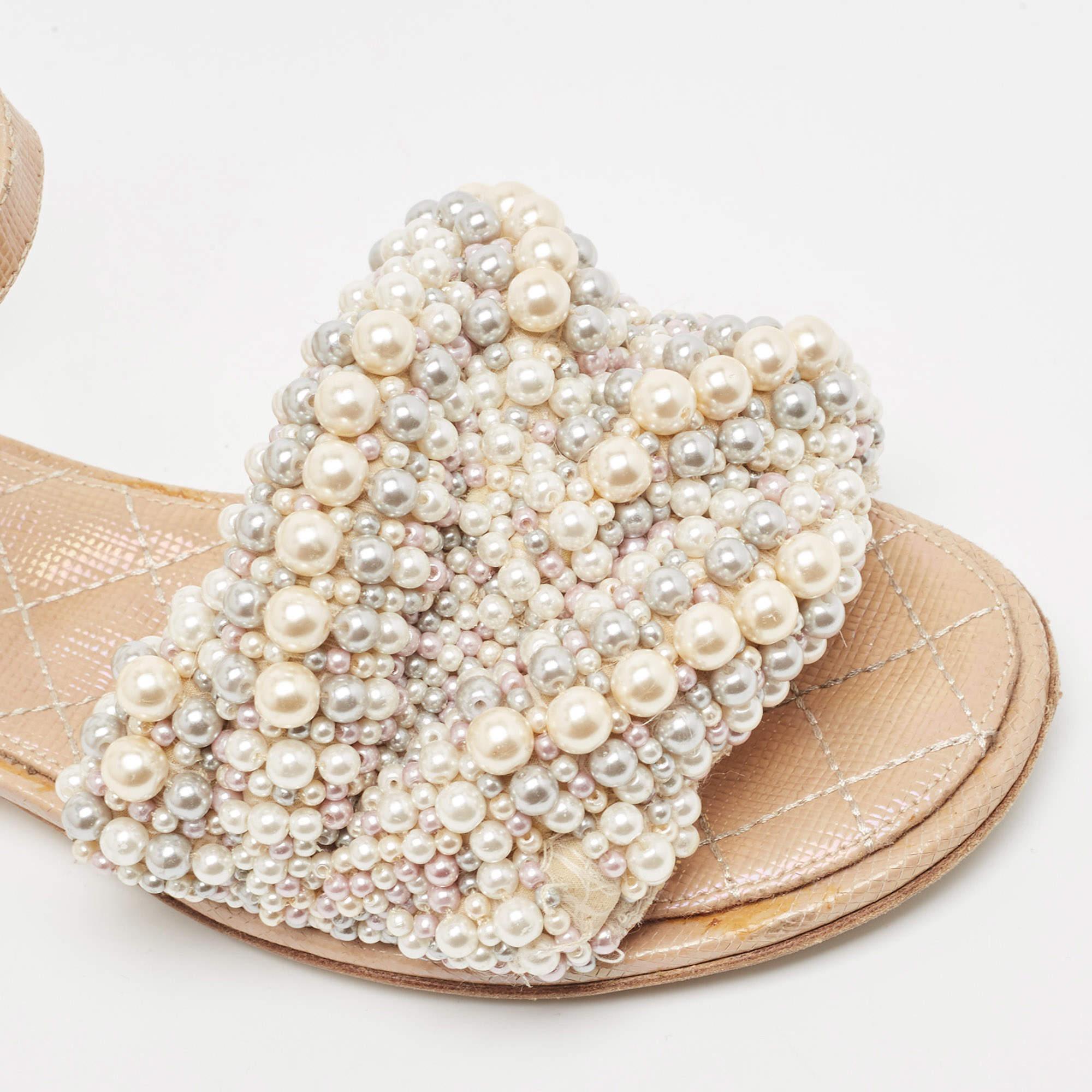 Chanel Beige Faux Pearl Slide Flat Sandals Size 36 2