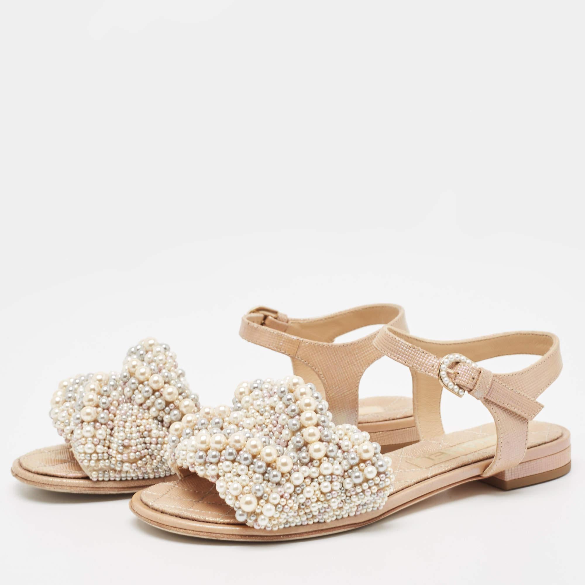Chanel Beige Faux Pearl Slide Flat Sandals Size 36 5