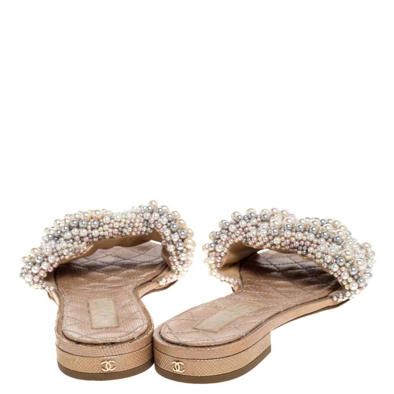 Chanel Beige Faux Pearl Slide Flat Sandals Size 38