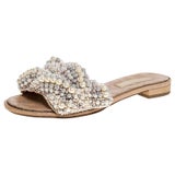Chanel White/Silver Tweed And Leather CC Pearl Heel Slide Sandals Size 38  at 1stDibs