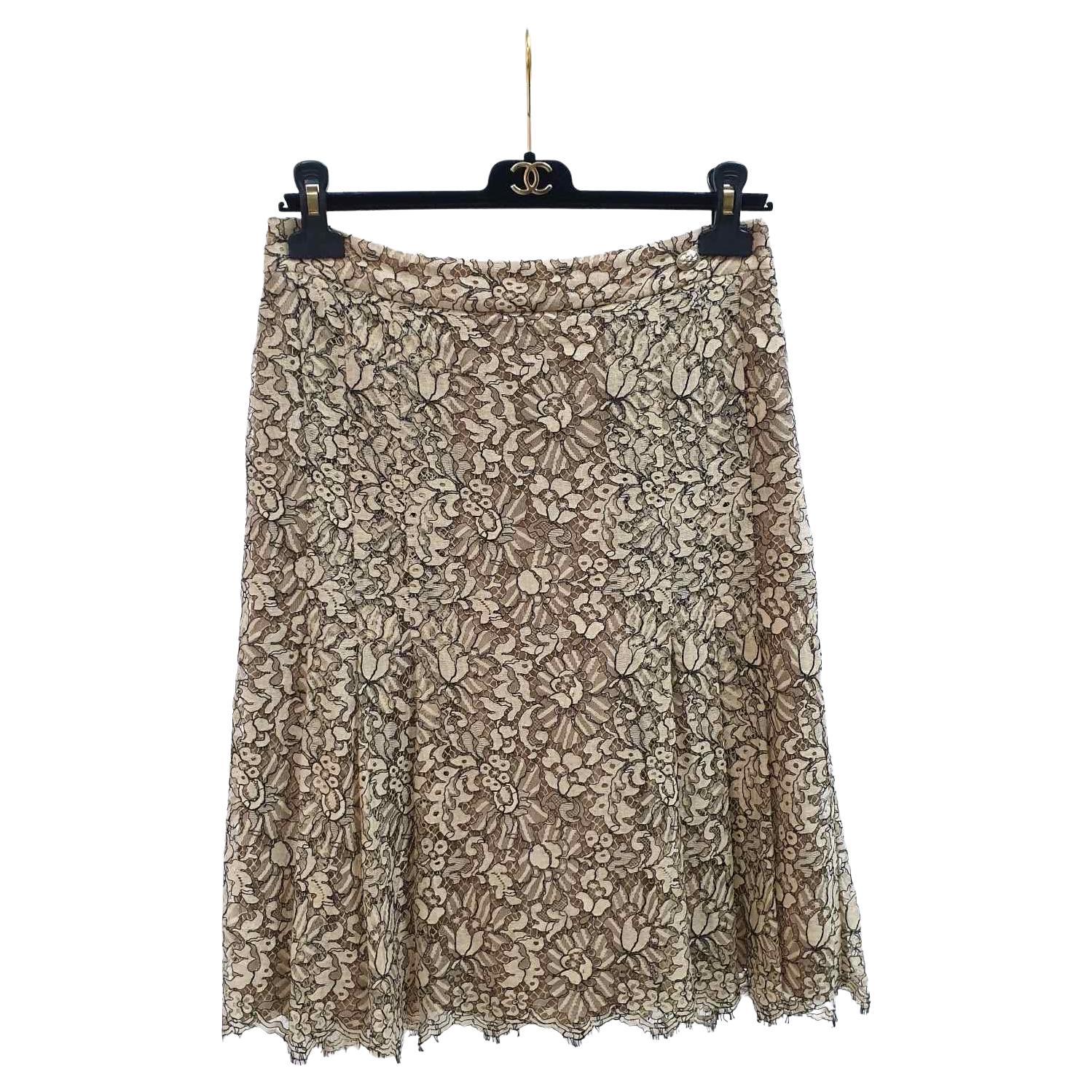 Chanel Beige Floral Lace Skirt For Sale