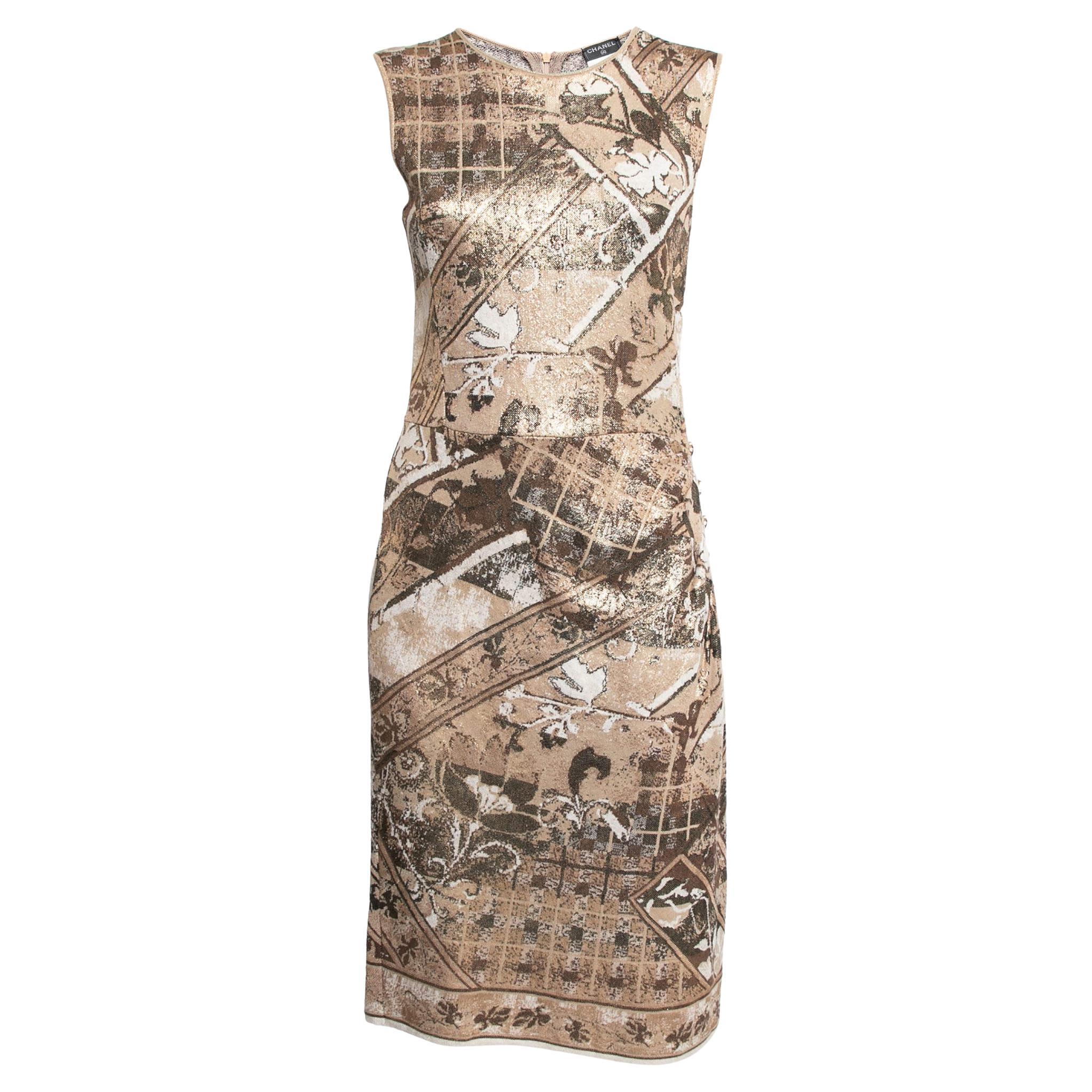 Chanel Beige & Gold Jacquard Knit Button Detail Sleeveless Dress M