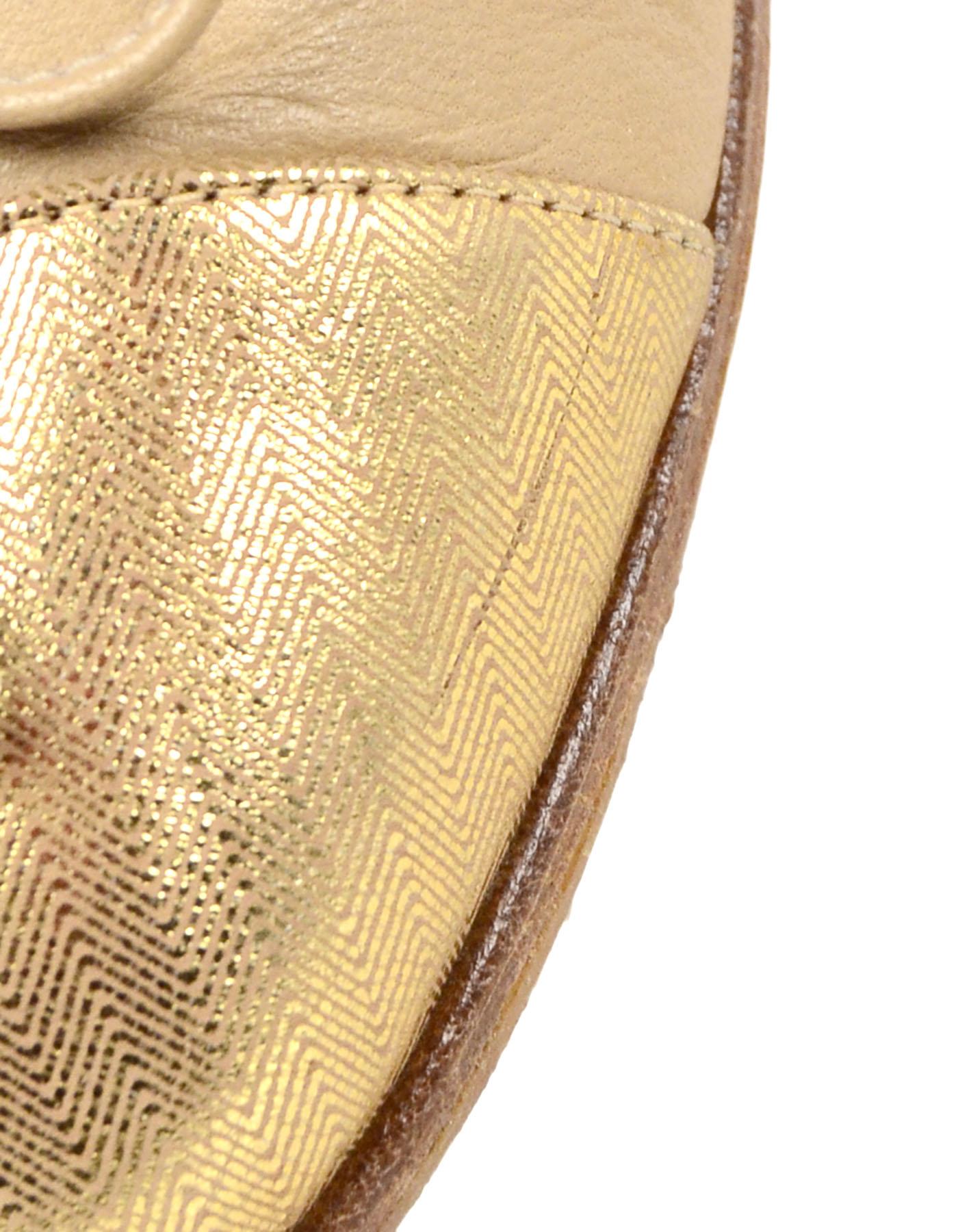 Chanel Beige/Gold Leather Cap Toe CC Ballet Flats sz 39.5 3