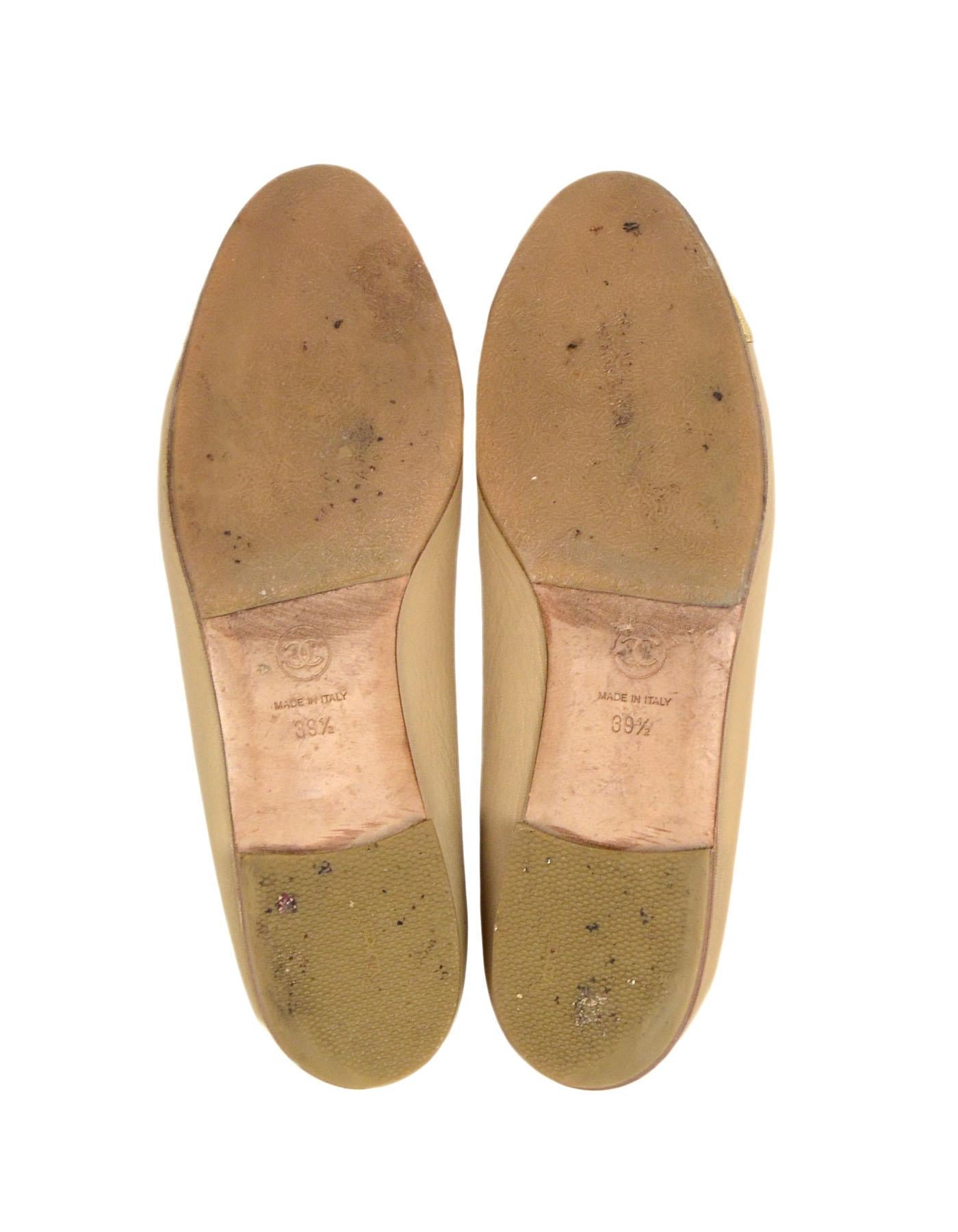 Chanel Beige/Gold Leather Cap Toe CC Ballet Flats sz 39.5 5