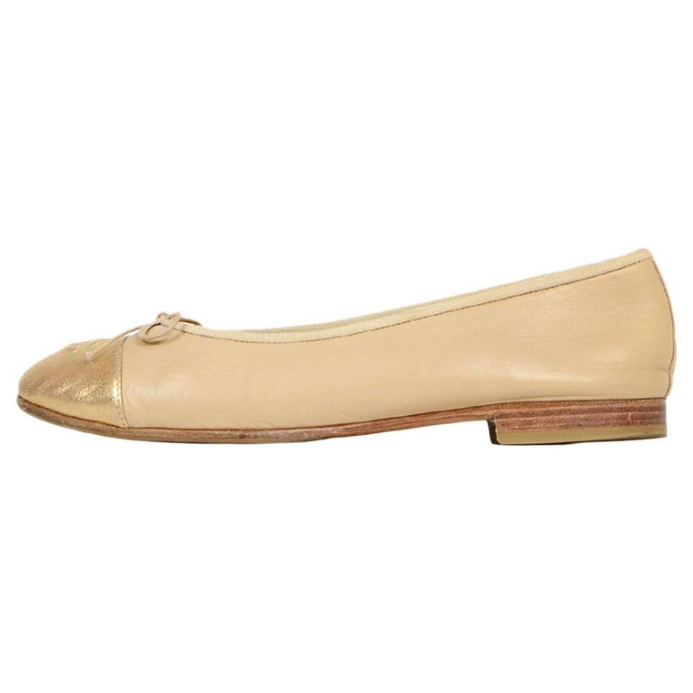 Chanel Beige/Gold Leather Cap Toe CC Ballet Flats sz 39.5 at 1stDibs