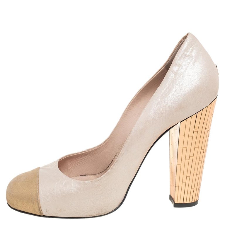 Chanel Beige/Gold Leather CC Cap Toe Block Heel Pumps Size 41 at