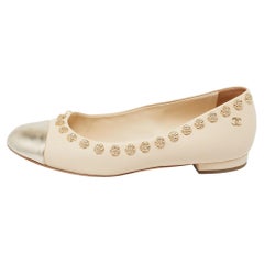 Chanel Beige/Gold Leather CC Cap Toe Camellia Studded Ballet Flats Size 37.5