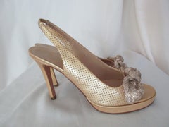 Chanel Beige Gold Patent Leather Slingbacks Gold Sequins Bows