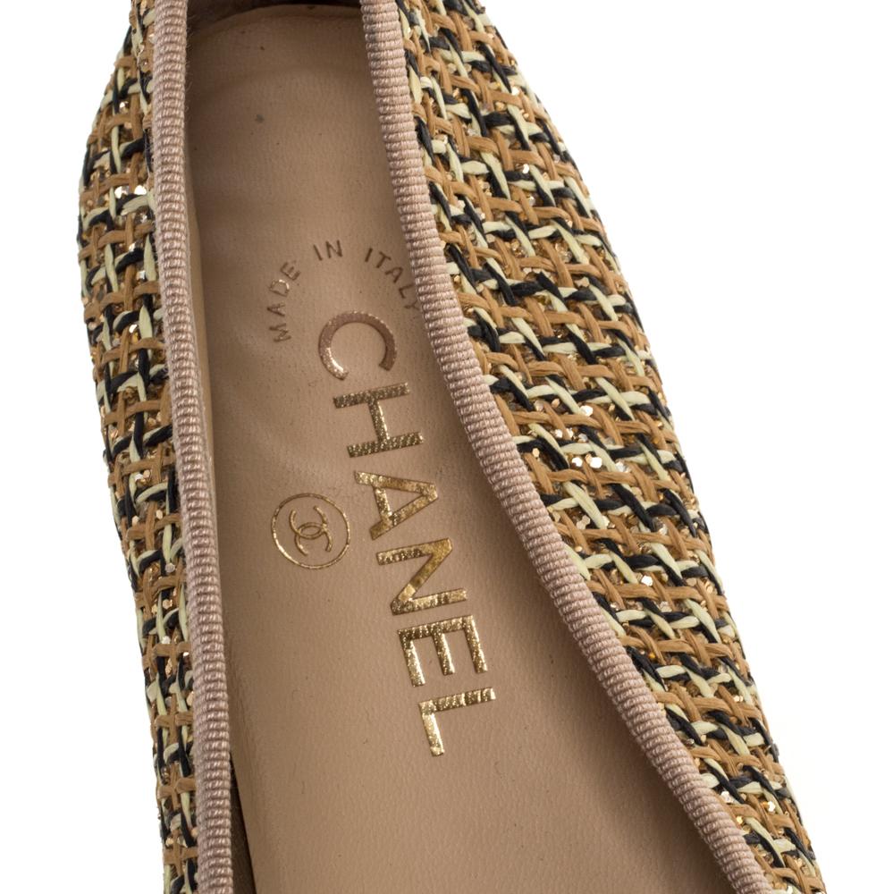 Chanel Beige/Gold Tweed Fabric And Leather CC Cap Toe Bow Ballet Flats Size 39.5 1