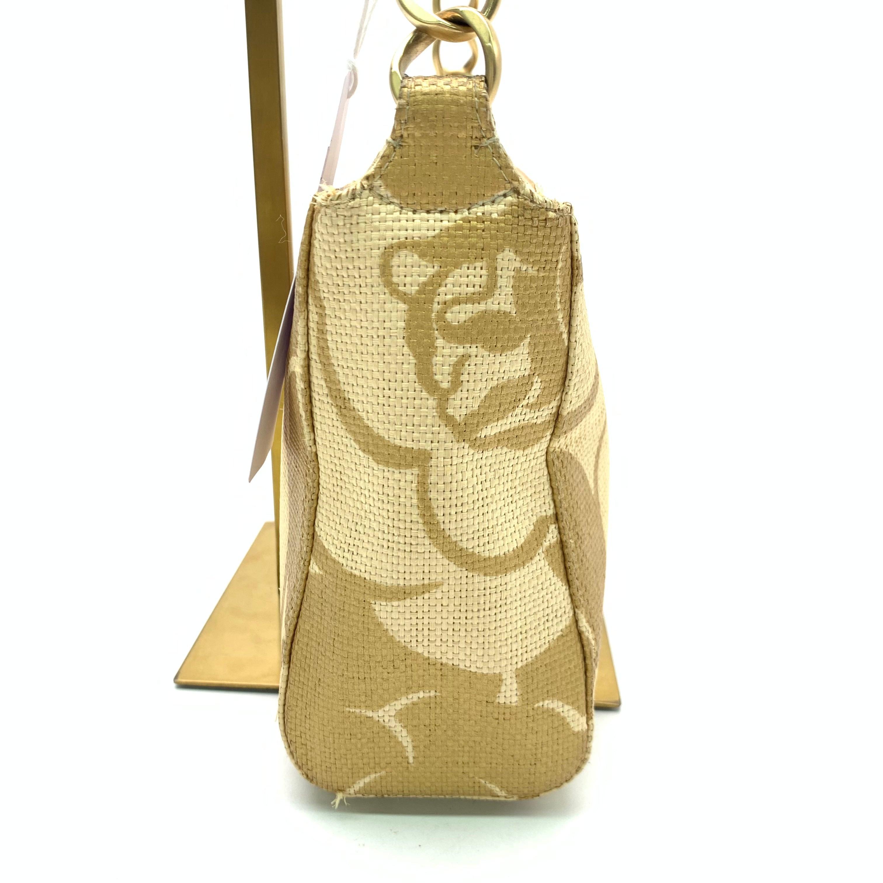 Women's Chanel Beige Gold Woven Raffia Camellia Print Shoulder Bag, 2003-2004