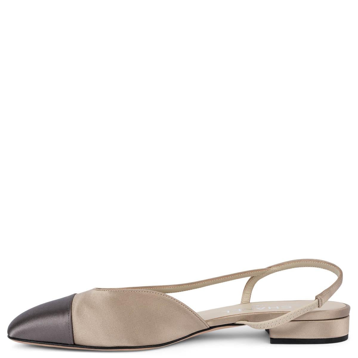 Women's CHANEL beige & grey SATIN SLINGBACK Flats Shoes 39 For Sale