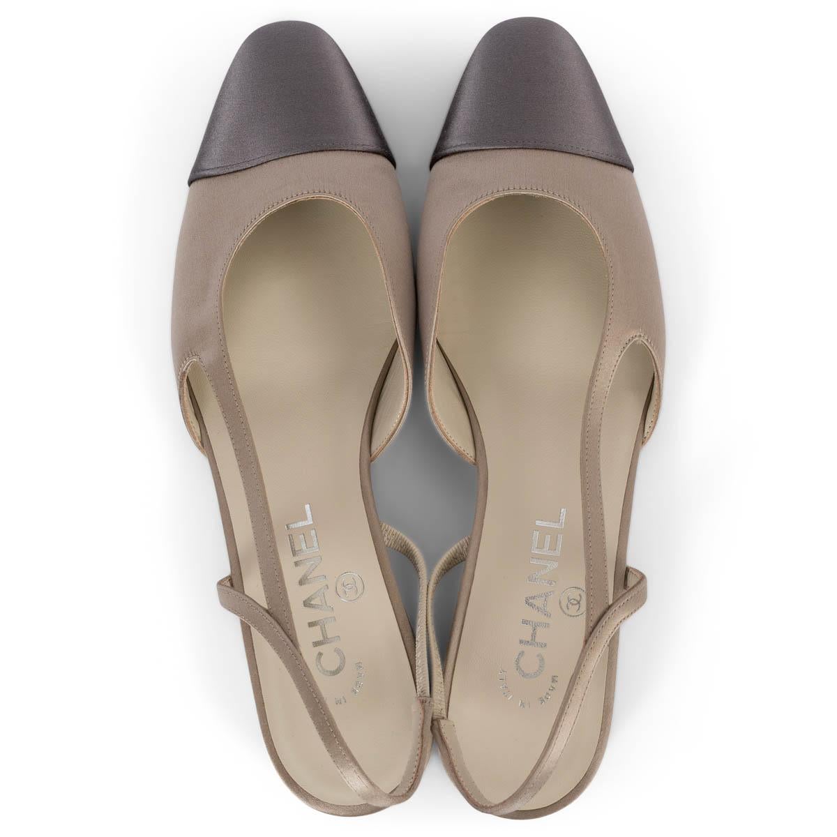 CHANEL beige & grey SATIN SLINGBACK Flats Shoes 39 For Sale 2