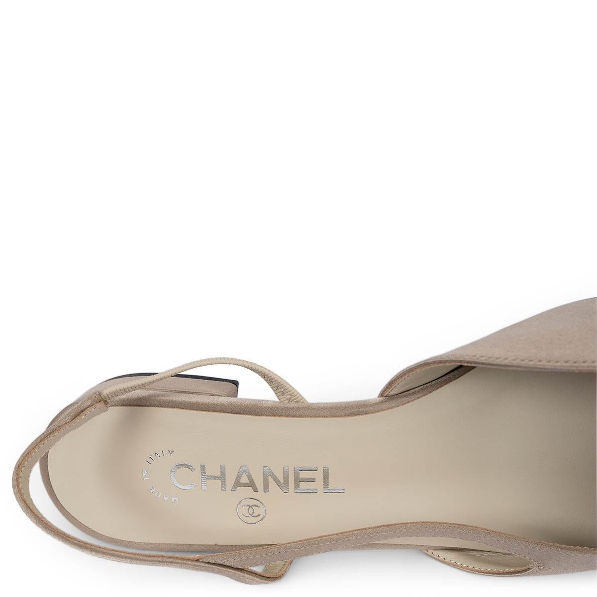 CHANEL beige & grey SATIN SLINGBACK Flats Shoes 39 4