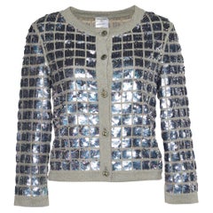 Chanel Beige & Grey Sequined Grid Button Front Cardigan M