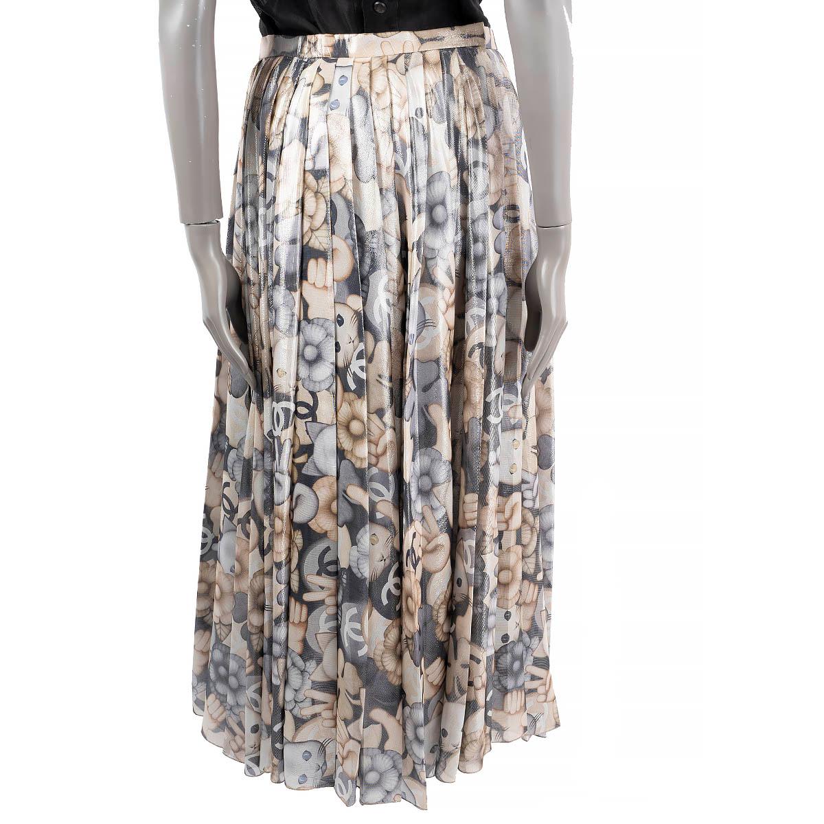 Beige CHANEL beige & grey silk 2016 16K CAT PRINTED PLEATED MIDI Skirt 40 M