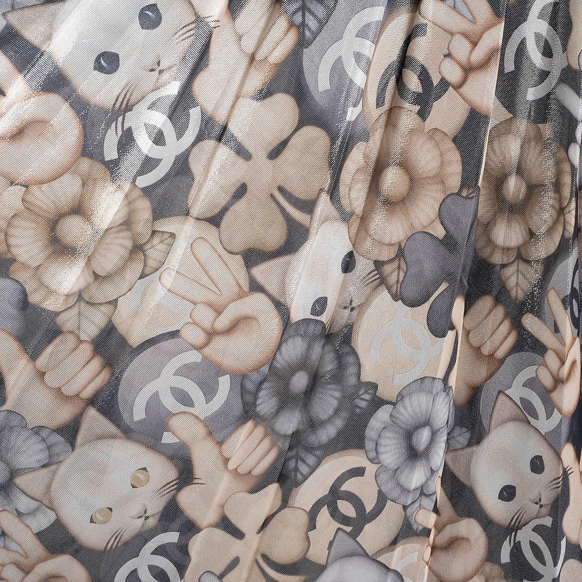 CHANEL beige & grey silk 2016 16K CAT PRINTED PLEATED MIDI Skirt 40 M 1